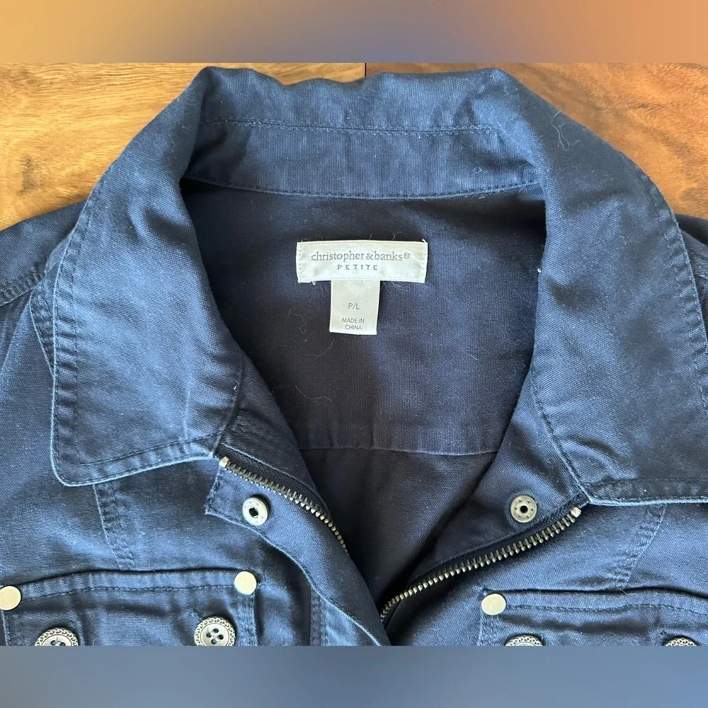 Christopher & Banks Navy Cotton Military Cargo Jacket size Large Petite (LP) - Picture 4 of 5